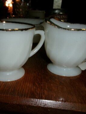 vtg Fire King White milk glass swirled gold trim glam sugar creamer